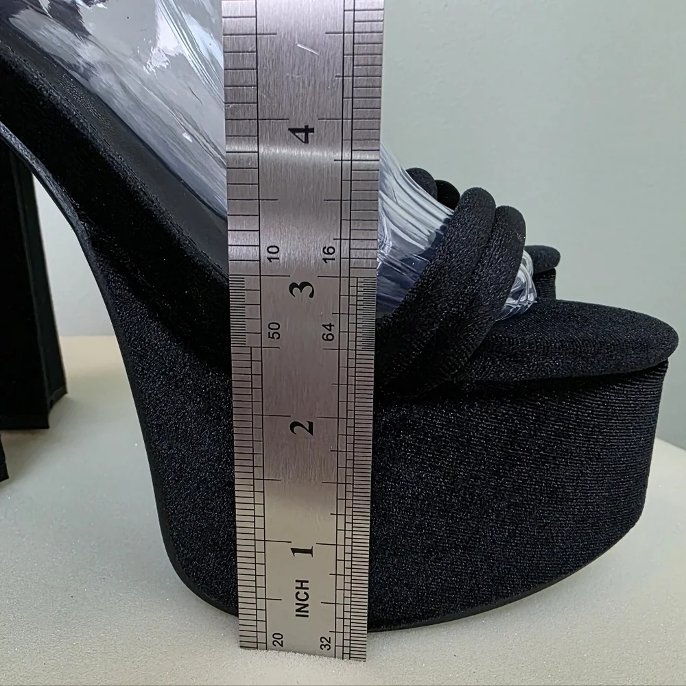 Lulus Serenitie Black Velvet Platform High Heel Chunky Bold Sandals, Size 7.5
